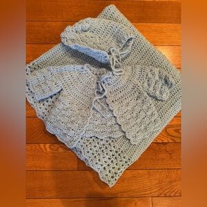 Vintage Hand-Crocheted Light Blue Baby Sweater, Bonnet & Blanket